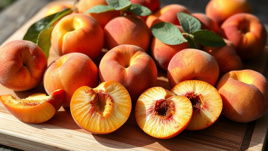 Fresh ripe peaches arranged on wooden cutting board, some sliced showing juicy flesh, golden-orange hue, natural sunlight, farmstand aesthetic with texture detail