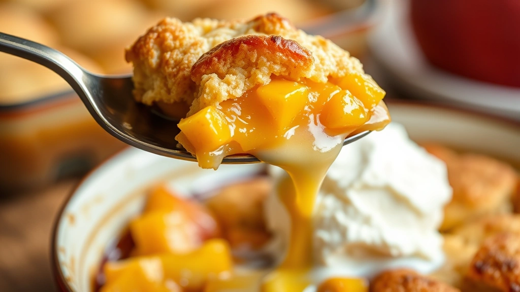 Spoon lifting warm peach cobbler piece showing golden biscuit topping and peachy filling, melting vanilla ice cream, close-up food photography, appetizing presentation, soft warm lighting