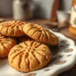 Close-up of golden-brown old fashioned peanut butter cookies with characteristic crosshatch fork marks, arranged on vintage ceramic plate with warm natural lighting, rustic kitchen background