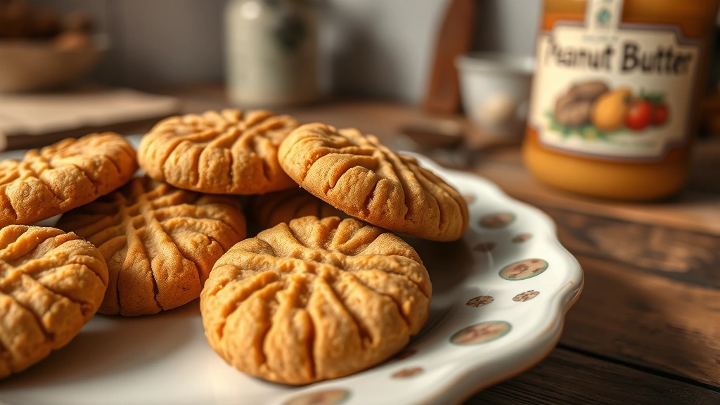 Close-up of golden-brown old fashioned peanut butter cookies with characteristic crosshatch fork marks, arranged on vintage ceramic plate with warm natural lighting, rustic kitchen background