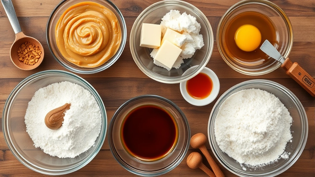 Overhead flat lay of baking ingredients: creamy peanut butter, softened butter, brown sugar, eggs, vanilla extract, and flour in glass bowls, arranged artfully on wooden surface with vintage baking tools