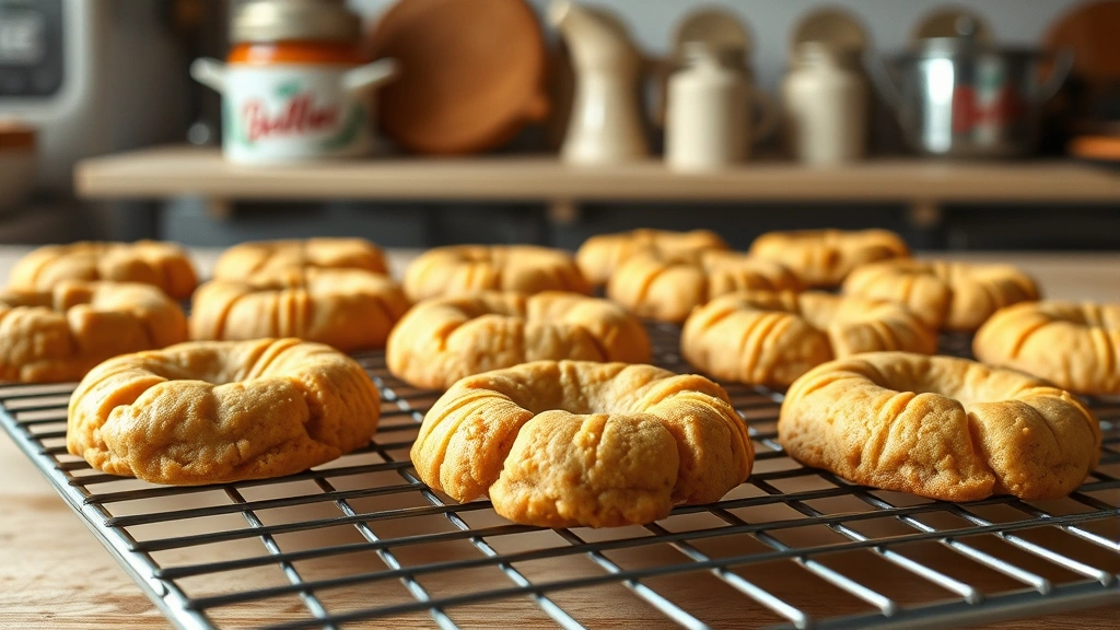 Finished batch of perfect peanut butter cookies cooling on wire rack, golden edges with tender centers visible, steam rising, cozy kitchen ambiance with vintage kitchen textiles in background