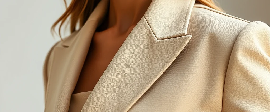 Close-up of expertly tailored classic blazer showing precise seams and structured shoulders on model, neutral beige color, professional styling, natural lighting, fashion detail photography