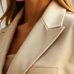 Close-up of expertly tailored classic blazer showing precise seams and structured shoulders on model, neutral beige color, professional styling, natural lighting, fashion detail photography