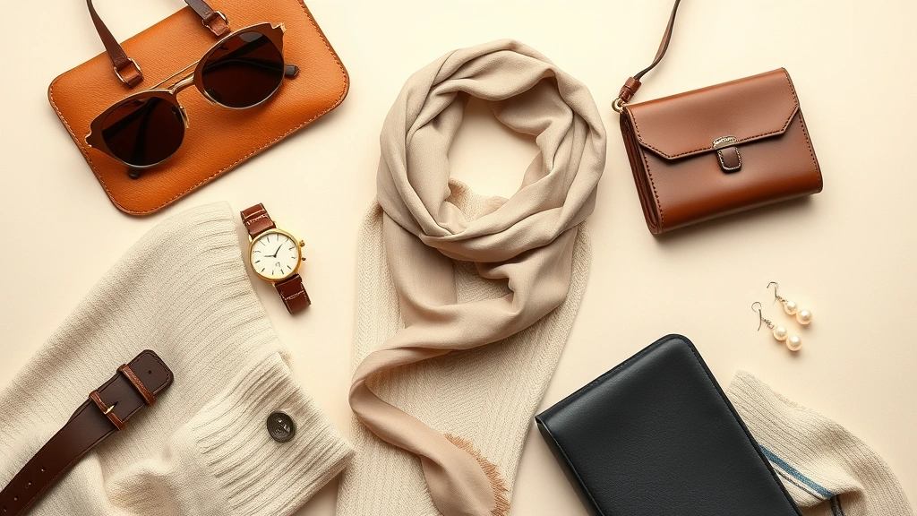 Elegant vintage-inspired wardrobe flat lay with quality leather accessories, neutral tones, cashmere sweater, silk scarf, classic watch, pearl earrings arranged artfully on cream background