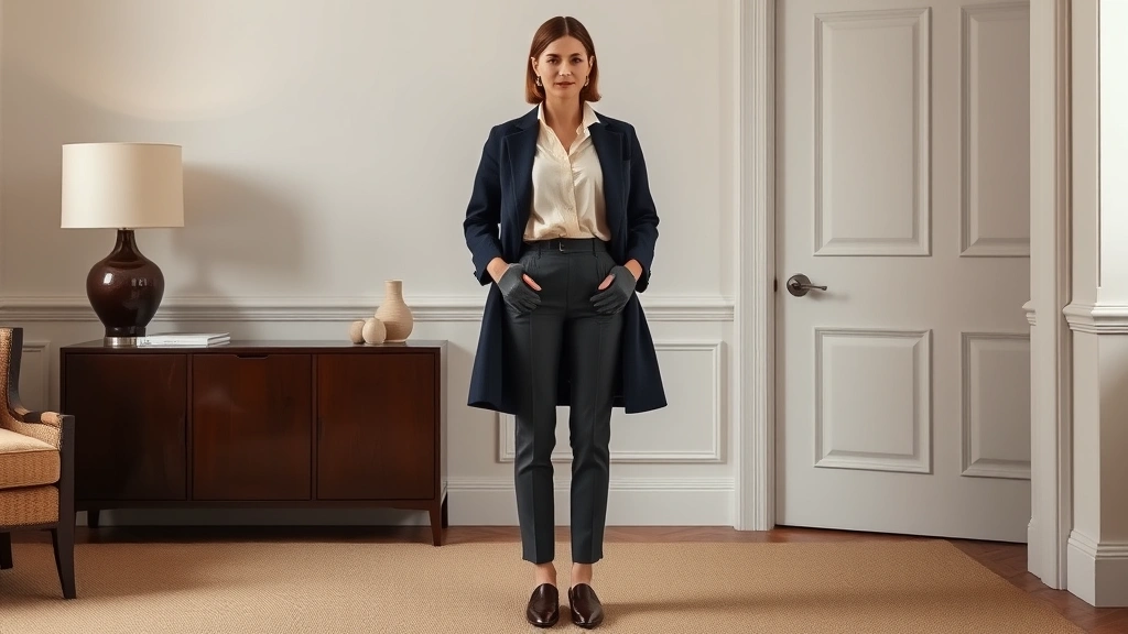 Woman wearing timeless outfit: navy wool coat, cream silk blouse, perfectly fitted trousers, classic leather shoes, standing in sophisticated neutral interior, polished elegant style