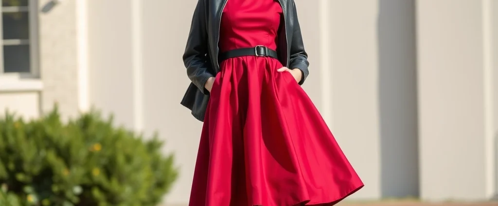 Woman wearing structured 1950s vintage dress with cinched waist and full skirt in jewel tones, paired with modern white sneakers and contemporary leather jacket, standing in natural outdoor lighting with confident posture