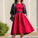 Woman wearing structured 1950s vintage dress with cinched waist and full skirt in jewel tones, paired with modern white sneakers and contemporary leather jacket, standing in natural outdoor lighting with confident posture