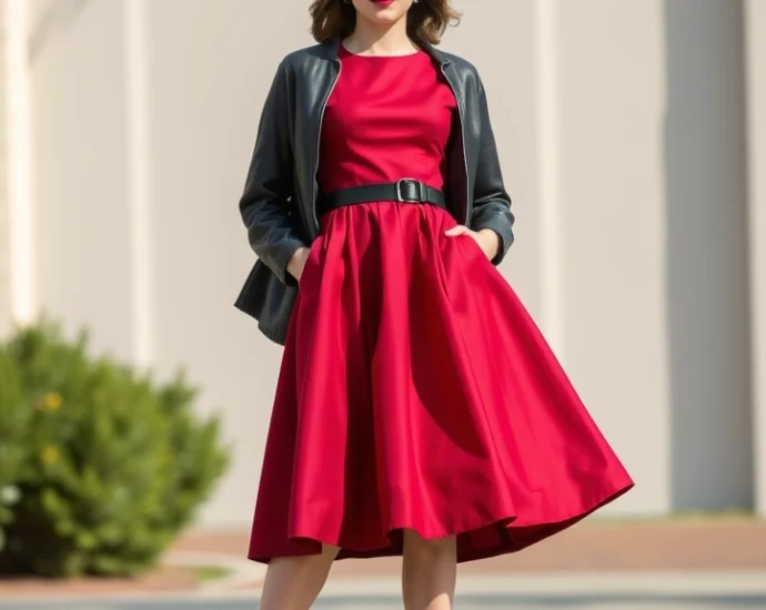 Woman wearing structured 1950s vintage dress with cinched waist and full skirt in jewel tones, paired with modern white sneakers and contemporary leather jacket, standing in natural outdoor lighting with confident posture