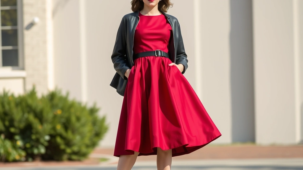 Woman wearing structured 1950s vintage dress with cinched waist and full skirt in jewel tones, paired with modern white sneakers and contemporary leather jacket, standing in natural outdoor lighting with confident posture