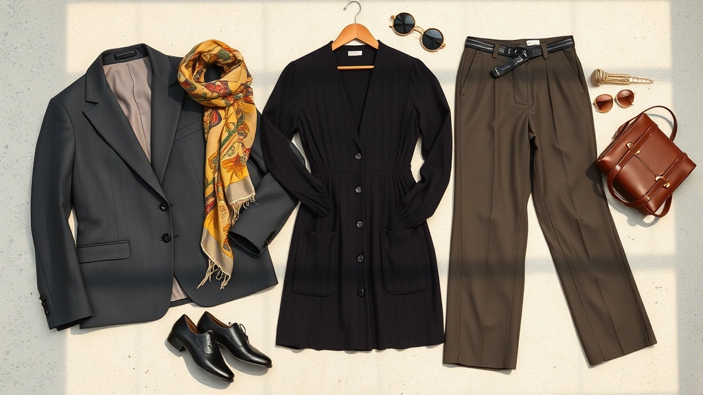 Fashion flat lay featuring curated vintage pieces including classic blazer, shift dress, tailored trousers, vintage silk scarf, and modern accessories arranged aesthetically on neutral surface with natural lighting