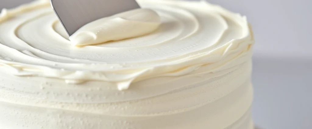 Close-up of creamy white powdered sugar frosting being spread smoothly onto a vanilla layer cake with an offset spatula, professional bakery lighting, detailed texture showing smooth frosting surface, neutral kitchen background