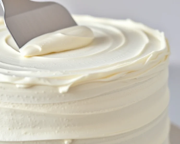 Close-up of creamy white powdered sugar frosting being spread smoothly onto a vanilla layer cake with an offset spatula, professional bakery lighting, detailed texture showing smooth frosting surface, neutral kitchen background