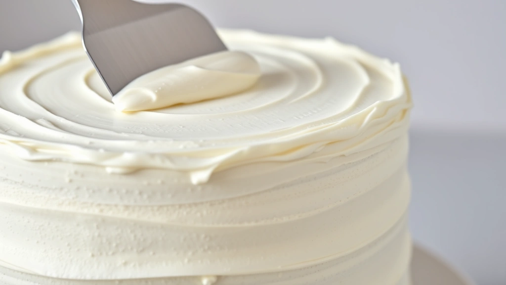 Close-up of creamy white powdered sugar frosting being spread smoothly onto a vanilla layer cake with an offset spatula, professional bakery lighting, detailed texture showing smooth frosting surface, neutral kitchen background