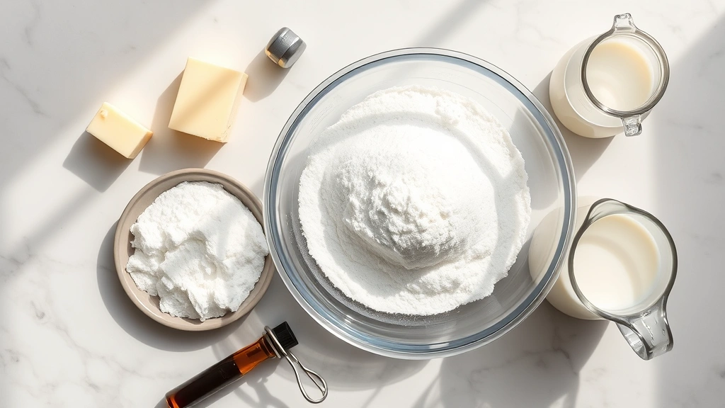 Overhead flat lay composition of classic frosting ingredients arranged artistically: softened butter, sifted powdered sugar in glass bowl, fresh vanilla extract bottle, whole milk pitcher, all on marble countertop with natural sunlight