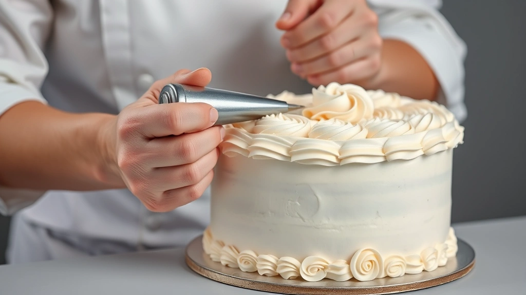 Professional pastry chef decorating an elegant white frosted cake with piped rosette details using a pastry bag, showing hands and piping technique, soft studio lighting, sharp focus on frosting piping details and cake texture