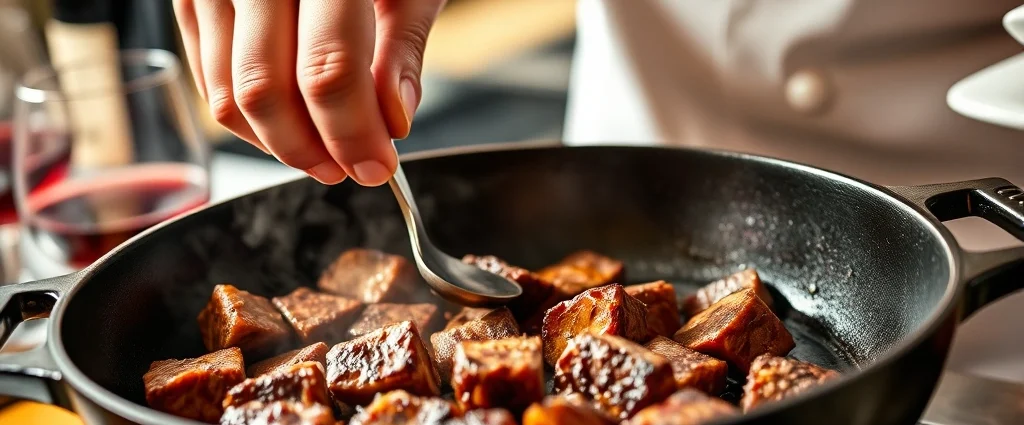 Close-up of professional chef's hands carefully searing beef cubes in cast iron pan, golden brown crust forming, steam rising, warm kitchen lighting, vibrant red wine in background