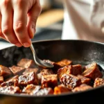 Close-up of professional chef's hands carefully searing beef cubes in cast iron pan, golden brown crust forming, steam rising, warm kitchen lighting, vibrant red wine in background