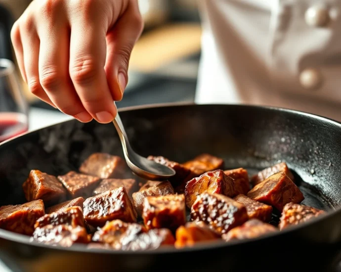 Close-up of professional chef's hands carefully searing beef cubes in cast iron pan, golden brown crust forming, steam rising, warm kitchen lighting, vibrant red wine in background