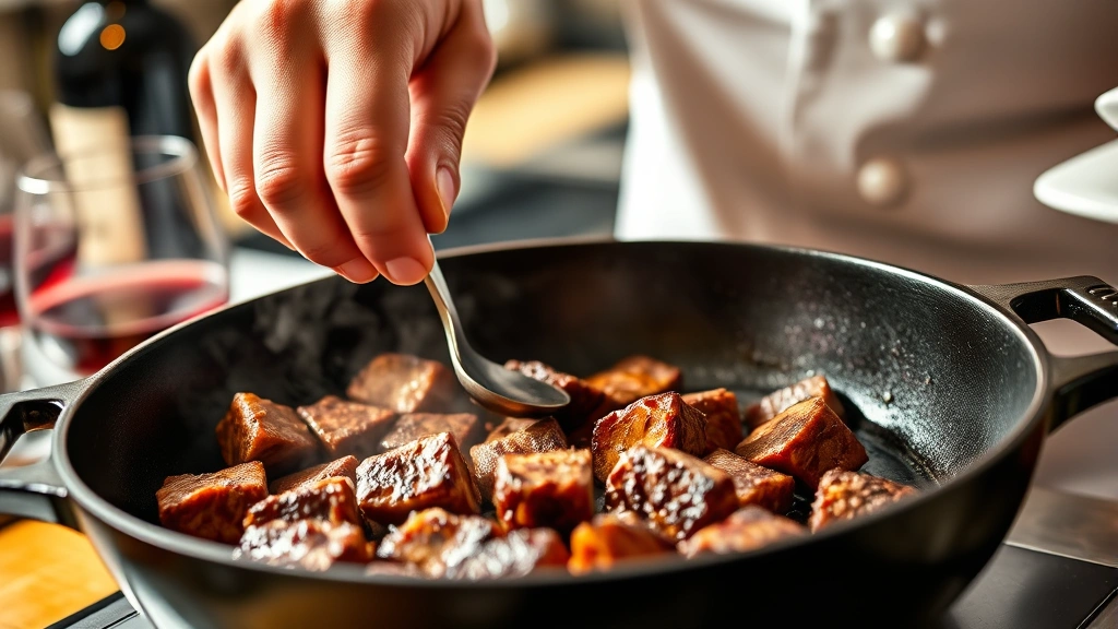Close-up of professional chef's hands carefully searing beef cubes in cast iron pan, golden brown crust forming, steam rising, warm kitchen lighting, vibrant red wine in background