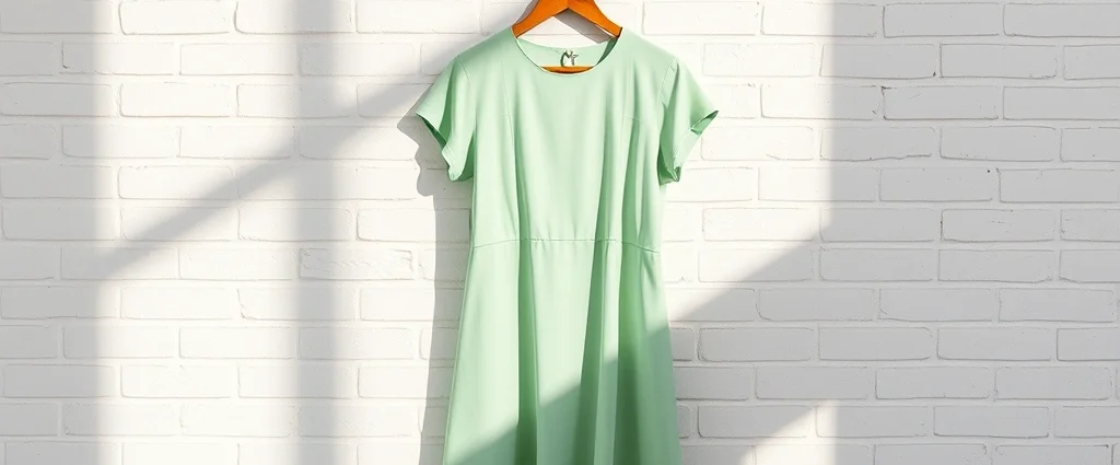 Vintage 1960s shift dress in mint green displayed on wooden hanger against white brick wall, natural sunlight creating soft shadows, professional fashion photography, high resolution, clean minimalist styling