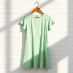 Vintage 1960s shift dress in mint green displayed on wooden hanger against white brick wall, natural sunlight creating soft shadows, professional fashion photography, high resolution, clean minimalist styling
