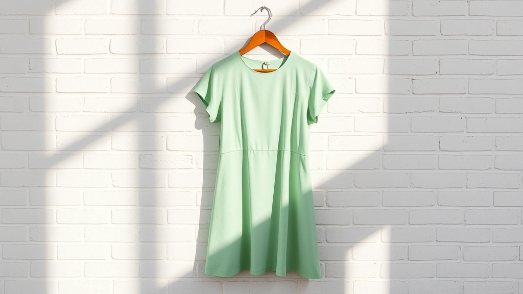 Vintage 1960s shift dress in mint green displayed on wooden hanger against white brick wall, natural sunlight creating soft shadows, professional fashion photography, high resolution, clean minimalist styling