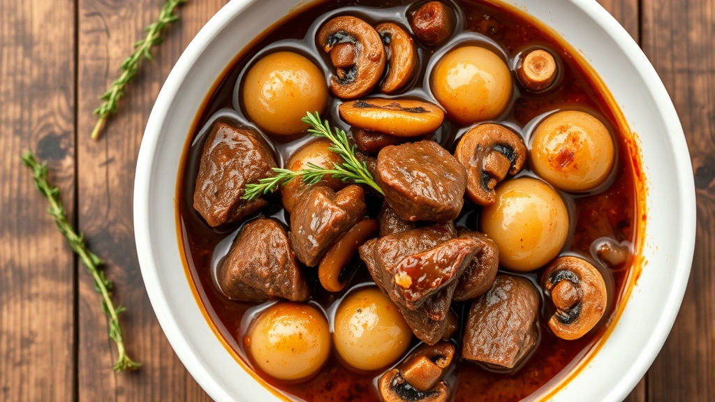 Overhead shot of finished beef bourguignon in white ceramic bowl, pearl onions and mushrooms visible, rich brown sauce, fresh thyme garnish, rustic wooden table setting