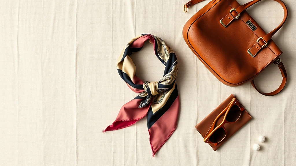 Overhead flat lay of vintage fashion styling: classic leather belt, silk scarf, vintage sunglasses, and worn leather handbag arranged artfully on neutral linen background, natural lighting, fashion editorial aesthetic