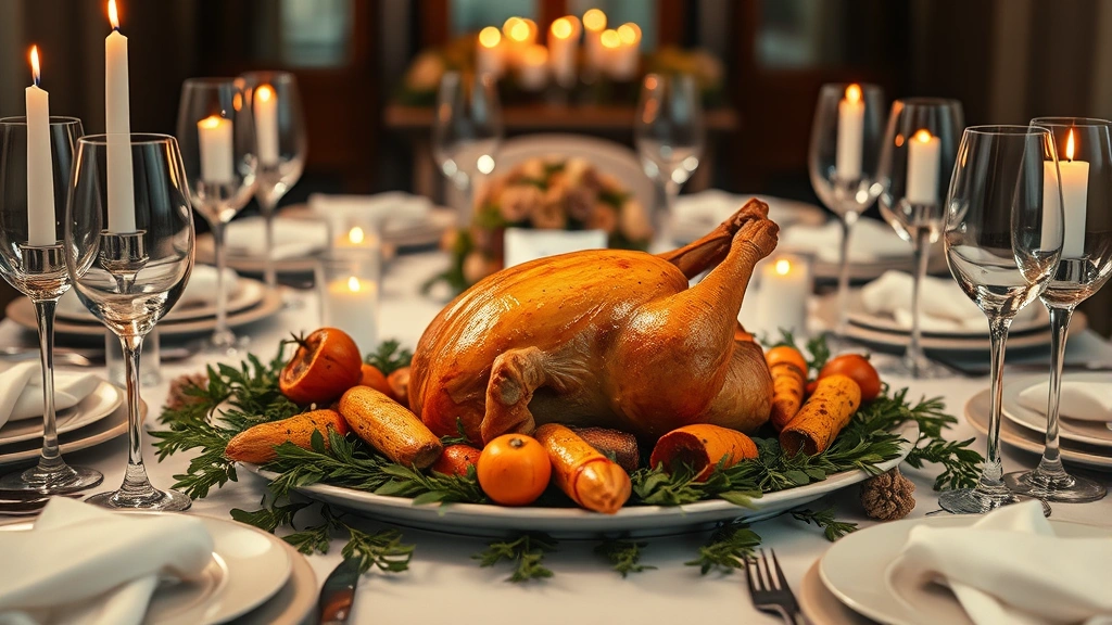 Elegant dinner table with roasted chicken centerpiece surrounded by roasted root vegetables, fine china place settings, crystal wine glasses, soft candlelight, sophisticated ambiance