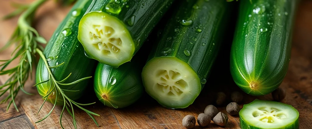Close-up of fresh Kirby cucumbers with water droplets, arranged on a rustic wooden surface with dill sprigs and peppercorns scattered nearby, soft natural lighting, professional food photography style