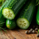 Close-up of fresh Kirby cucumbers with water droplets, arranged on a rustic wooden surface with dill sprigs and peppercorns scattered nearby, soft natural lighting, professional food photography style
