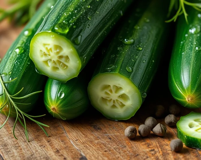 Close-up of fresh Kirby cucumbers with water droplets, arranged on a rustic wooden surface with dill sprigs and peppercorns scattered nearby, soft natural lighting, professional food photography style