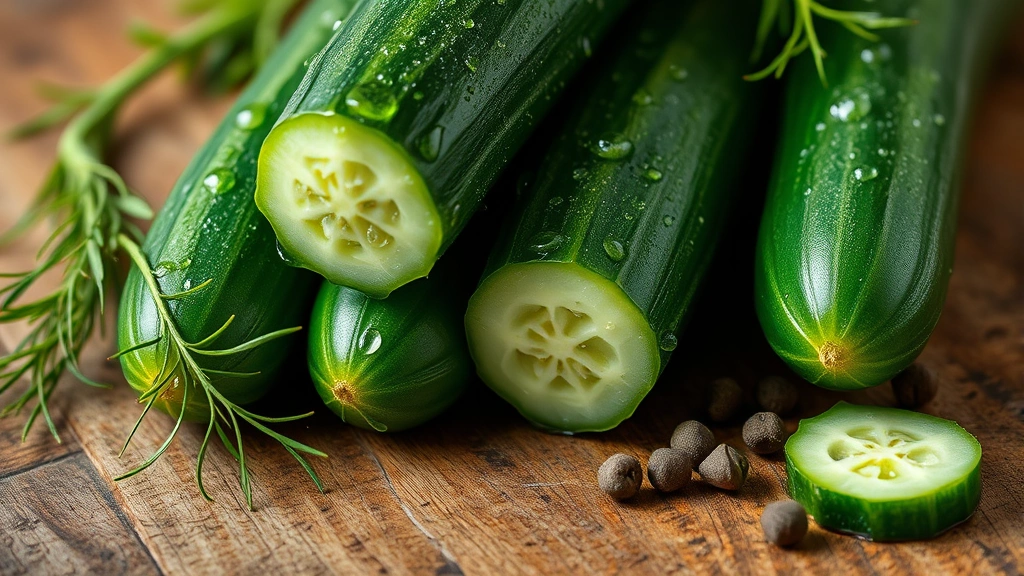 Close-up of fresh Kirby cucumbers with water droplets, arranged on a rustic wooden surface with dill sprigs and peppercorns scattered nearby, soft natural lighting, professional food photography style