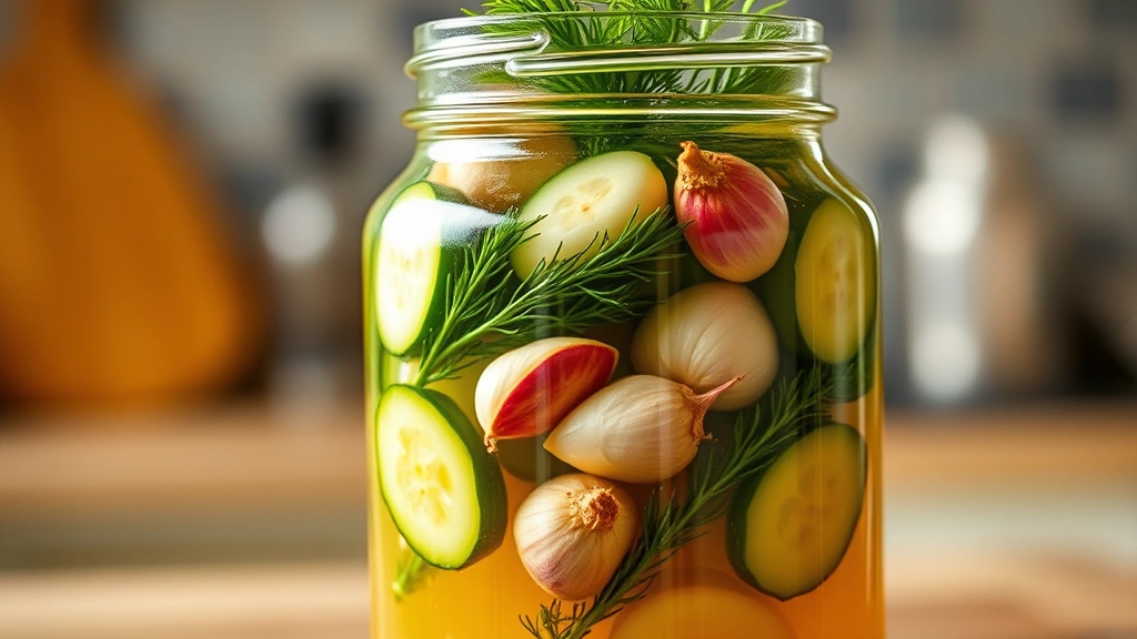 Glass jar filled with layered pickling cucumbers, garlic cloves, fresh dill, and mustard seeds submerged in clear brine, backlit to show translucent quality, elegant kitchen aesthetic
