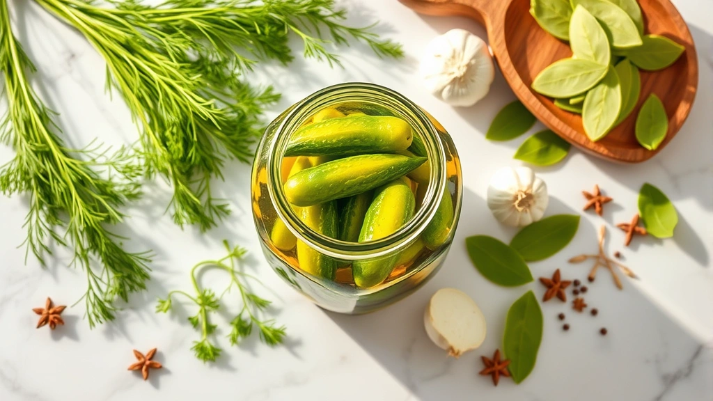 Overhead flat lay of refrigerator pickles in open glass jar with brine, surrounded by fresh ingredients including dill, garlic, bay leaves, and spices on marble countertop, warm natural light