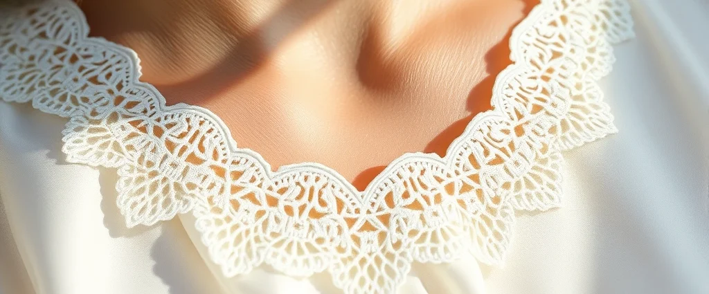 Close-up of delicate white scalloped lace blouse neckline, soft natural lighting, luxurious silk fabric, intricate curved edge detail, professional fashion photography