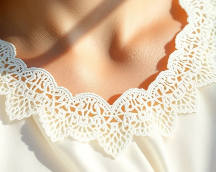 Close-up of delicate white scalloped lace blouse neckline, soft natural lighting, luxurious silk fabric, intricate curved edge detail, professional fashion photography