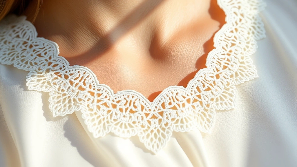 Close-up of delicate white scalloped lace blouse neckline, soft natural lighting, luxurious silk fabric, intricate curved edge detail, professional fashion photography