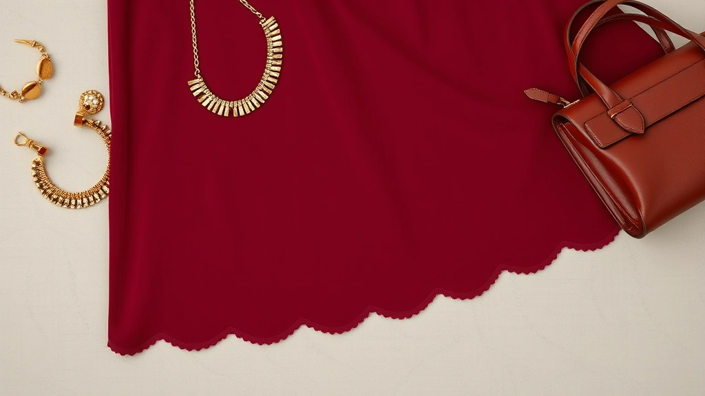 Flat lay of burgundy scalloped dress hem detail with gold jewelry, leather belt, and structured handbag, autumn color palette, luxury fashion composition