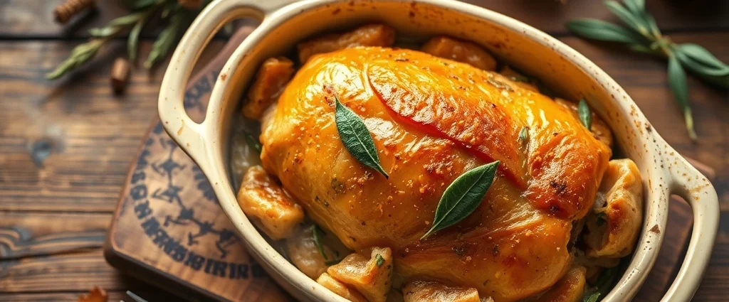 Overhead shot of a golden-brown baked Thanksgiving dressing in a ceramic baking dish, garnished with fresh sage leaves, rustic wooden table background, warm autumn lighting, steam rising slightly