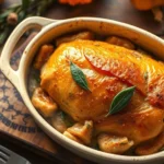 Overhead shot of a golden-brown baked Thanksgiving dressing in a ceramic baking dish, garnished with fresh sage leaves, rustic wooden table background, warm autumn lighting, steam rising slightly
