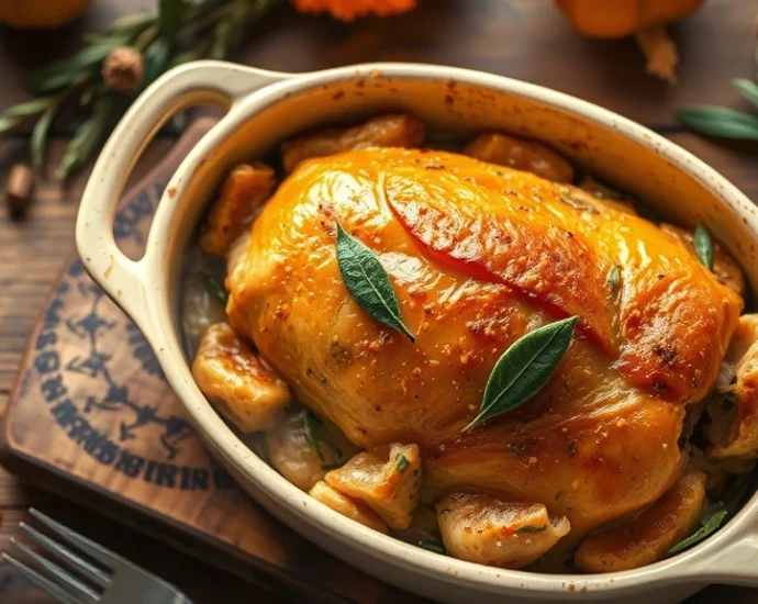 Overhead shot of a golden-brown baked Thanksgiving dressing in a ceramic baking dish, garnished with fresh sage leaves, rustic wooden table background, warm autumn lighting, steam rising slightly