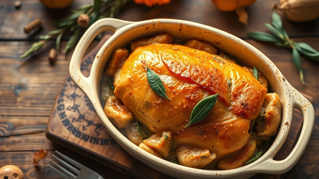 Overhead shot of a golden-brown baked Thanksgiving dressing in a ceramic baking dish, garnished with fresh sage leaves, rustic wooden table background, warm autumn lighting, steam rising slightly