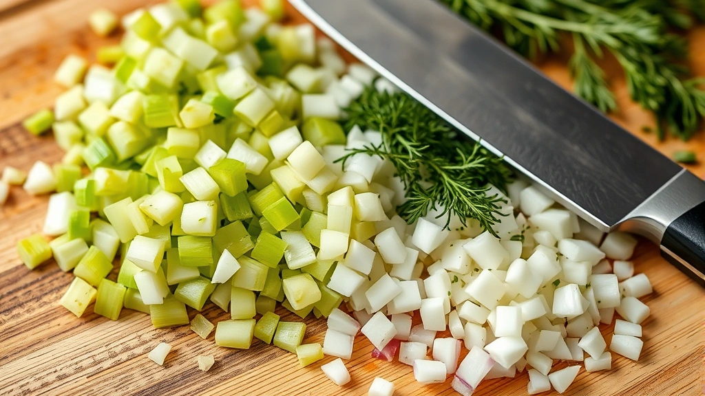 Close-up of freshly diced celery, onions, and fresh sage herbs on a wooden cutting board with a sharp chef's knife, natural daylight, soft focus background