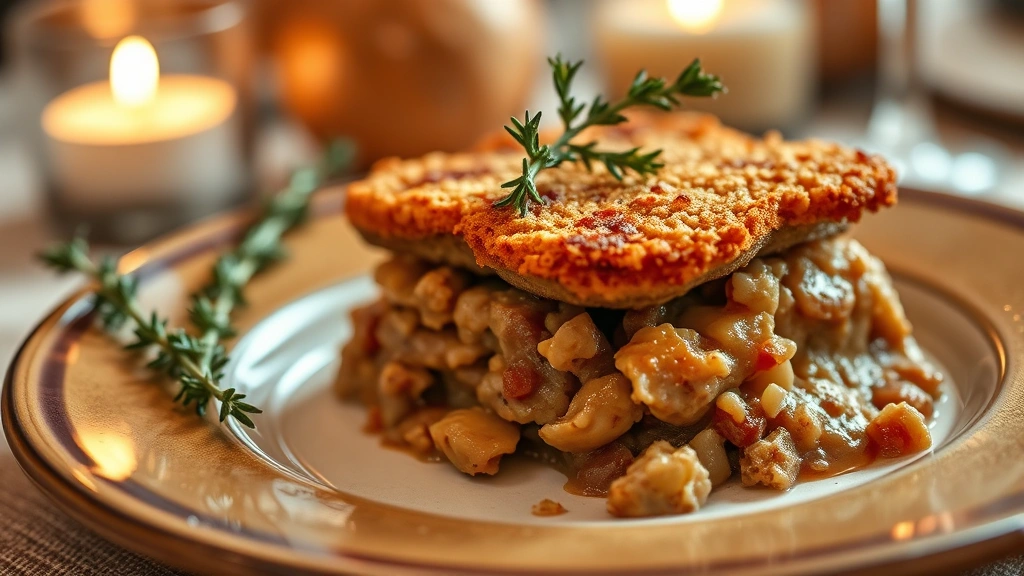 Elegant plated serving of traditional Thanksgiving dressing with crispy top layer, garnished with fresh thyme sprigs, autumn-toned ceramic plate, warm candlelit ambiance, shallow depth of field