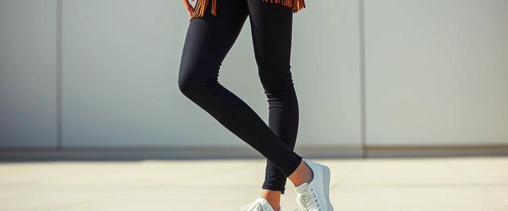 Close-up of a woman wearing a 1970s vintage suede fringe jacket over modern black skinny jeans and contemporary white leather sneakers, standing against a minimalist urban backdrop, natural daylight, confident relaxed posture