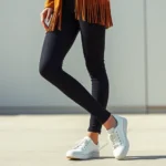Close-up of a woman wearing a 1970s vintage suede fringe jacket over modern black skinny jeans and contemporary white leather sneakers, standing against a minimalist urban backdrop, natural daylight, confident relaxed posture