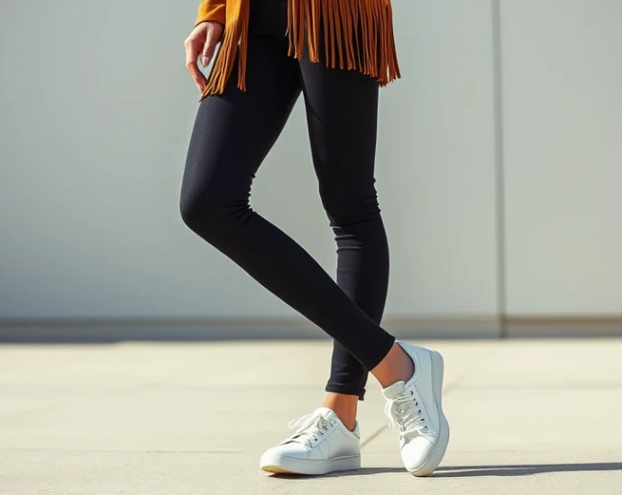 Close-up of a woman wearing a 1970s vintage suede fringe jacket over modern black skinny jeans and contemporary white leather sneakers, standing against a minimalist urban backdrop, natural daylight, confident relaxed posture