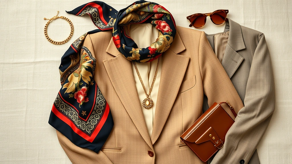 Overhead flat lay of carefully arranged vintage fashion pieces including a retro silk scarf, vintage gold jewelry, a structured blazer, and modern leather accessories arranged on neutral linen fabric background